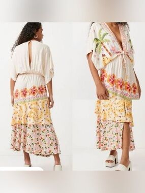 BLUESTEEL Tropical Print Asymmetrical Boho Maxi Dress Size Small